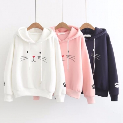 Áo hoodie hình mặt mèo phiên bản dày