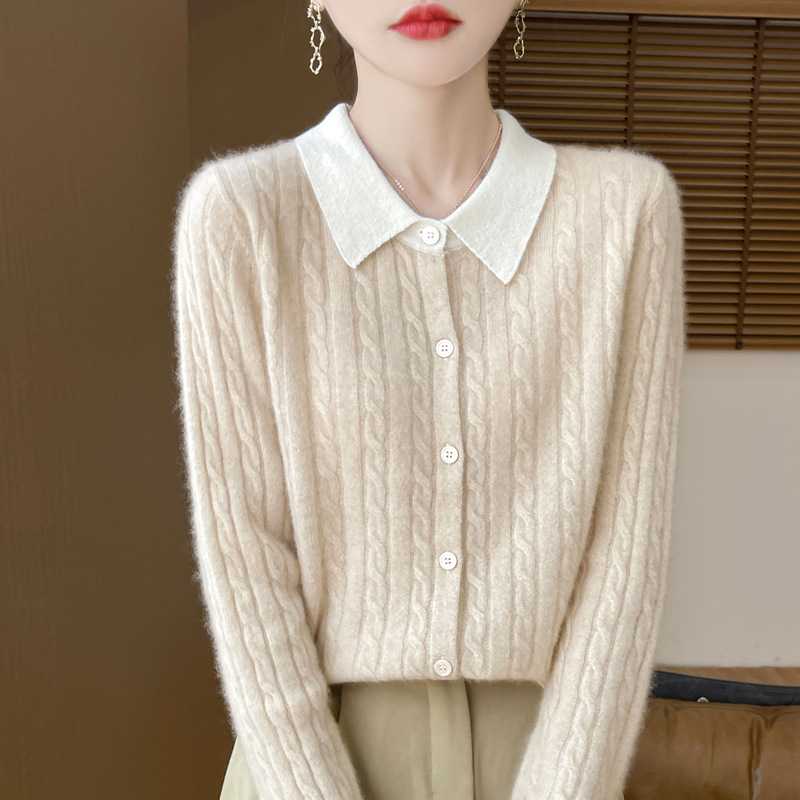 Áo khoác cardigan nữ cổ sơ mi dệt kim