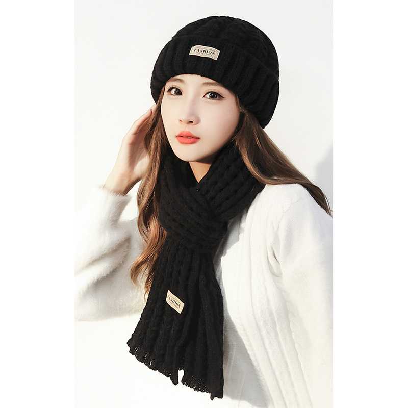 Bộ 2 món mũ len nữ và khăn choàng cổ dệt kim