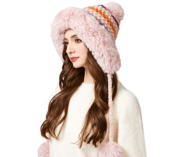 Mũ len nữ phối màu cầu vồng vành lông mềm, đính ba quả bông,...