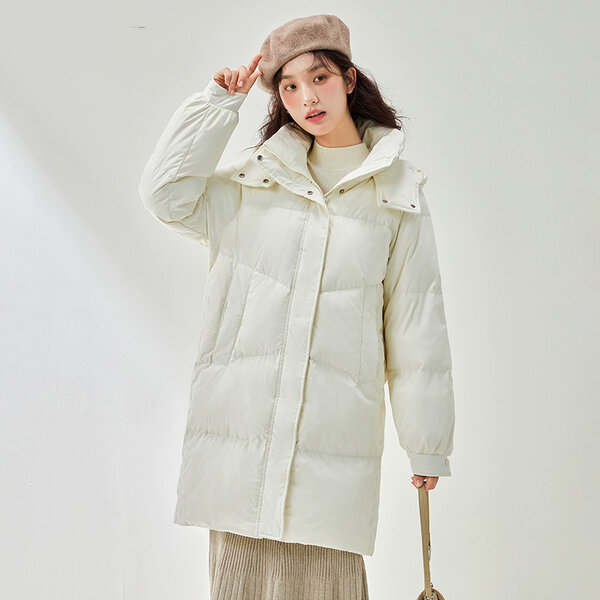 Áo khoác phao lông vũ nữ dáng lỡ có mũ giữ ấm mùa đông