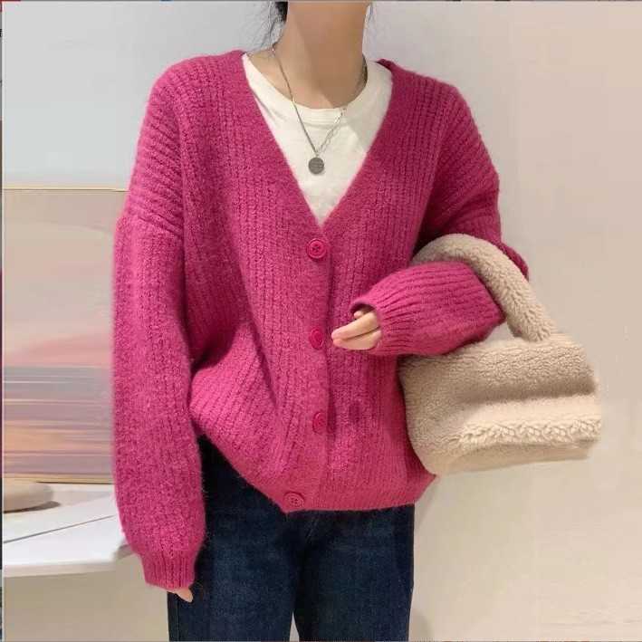Áo khoác cardigan dệt kim dáng rộng cổ chữ V dành cho nữ