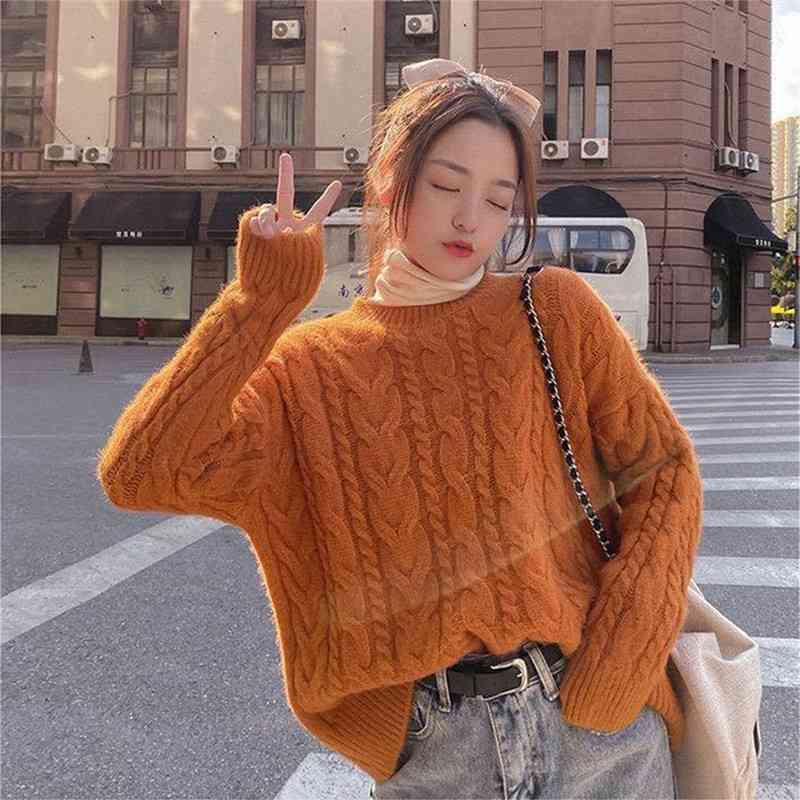 Áo khoác len lười sợi dày xoắn đan xen phong cách Retro