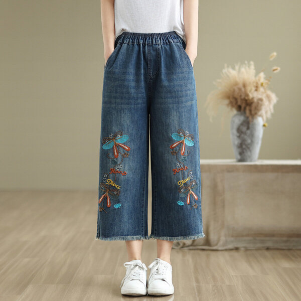 Quần jean ống rộng nữ dáng lửng lưng thun, thêu chuồn chuồn...