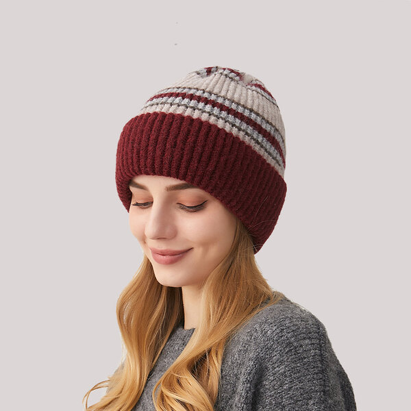 Mũ len nữ phối màu sọc dệt kim thu đông