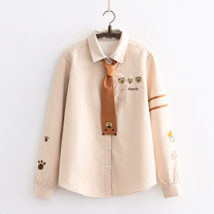 Áo sơ mi nữ thu đông thêu hình gia đình gấu đính cavat lót nhung