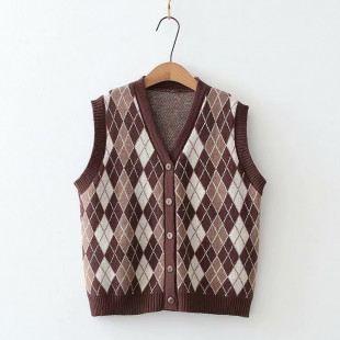 Áo khoác len gile nữ cổ chữ V họa tiết kim cương