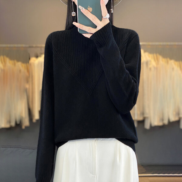 Áo len nữ thu đông dáng rộng, cổ cao nửa, chất liệu mềm mịn