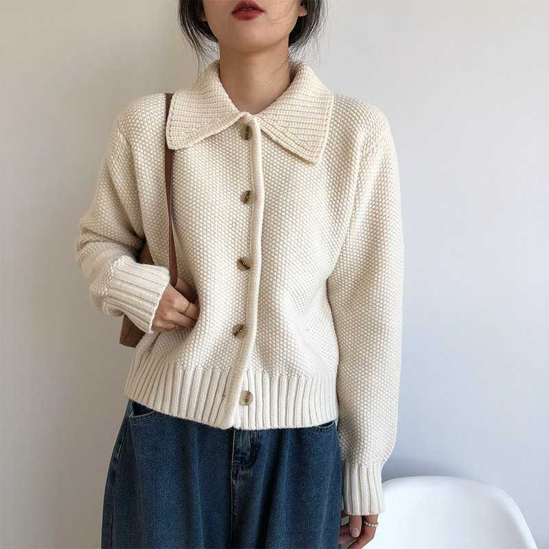 Áo cardigan len nữ dệt kim cổ polo