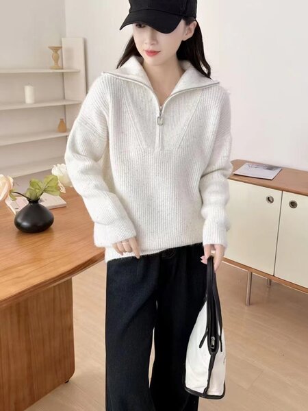 Áo len dệt kim nữ kiểu lười, cổ cao nửa khóa kéo