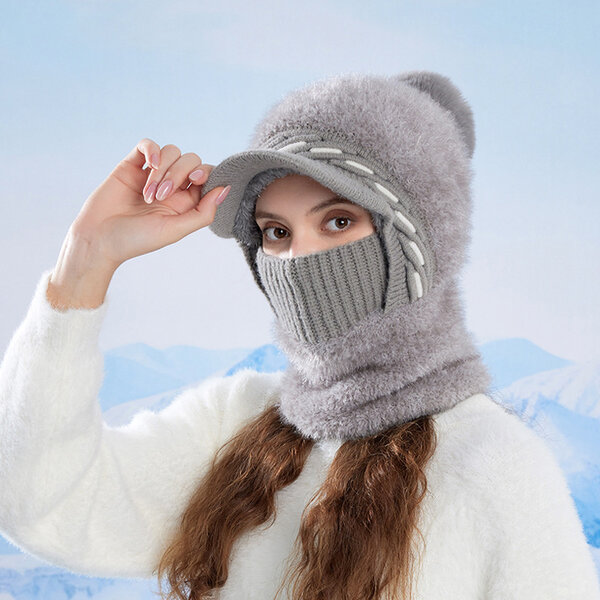 Mũ len nữ mùa đông liền mặt nạ và khăn quàng cổ có lót lông...