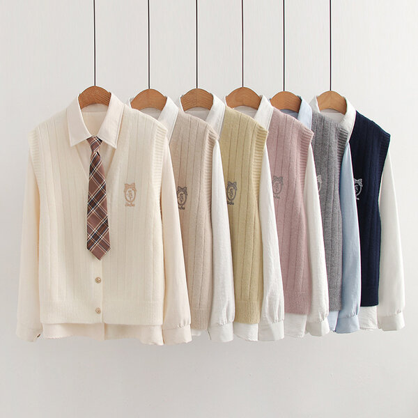 Bộ áo len gile cardigan + áo sơ mi nữ đính cavat