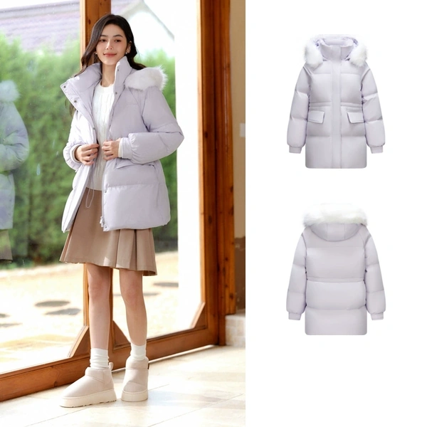 Áo khoác lông vũ nữ, dáng trung dài, có cổ lông