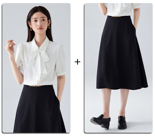 Áo sơ mi nữ tay ngắn phối nơ, set áo sơ mi váy