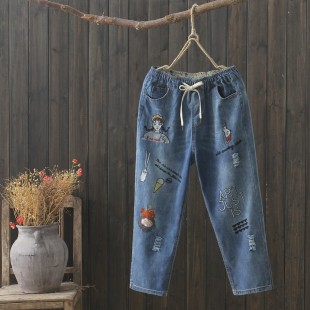 Quần baggy nữ thêu họa tiết