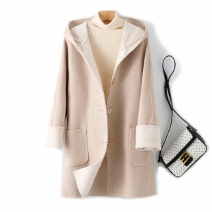 Áo khoác dạ lông cừu nữ mặc được 2 mặt có mũ dáng rộng