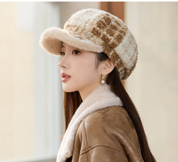 Mũ nồi caro nữ lót lông cừu dày giữ ấm mùa thu đông