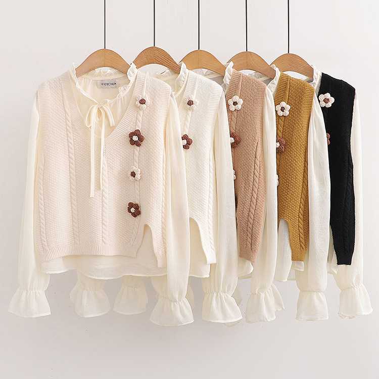 Set áo gile len + áo sơ mi tay nữ dài dễ thương ,hợp thời trang