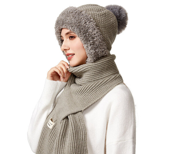 Mũ len dệt kim liền khăn choàng bản to, lót nỉ giữ ấm, phù...