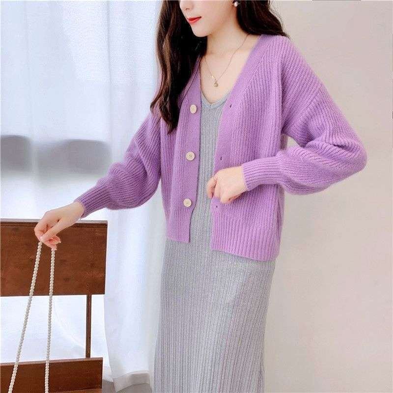 Áo khoác len nữ cardigan cổ chữ V màu trơn