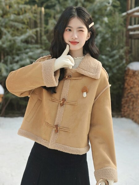 Áo khoác dạ lông nhung cổ điển dáng ngắn cài nút sừng