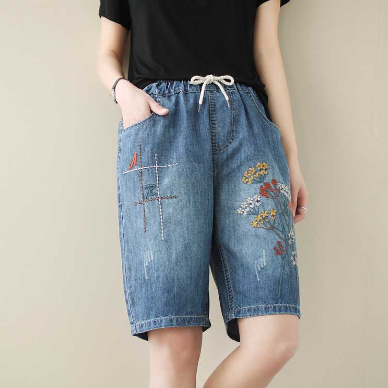 Quần short jean nữ thêu hoa phong cách retro