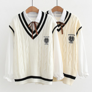 Set áo len gile cổ chữ V + áo sơ mi nữ đính nơ