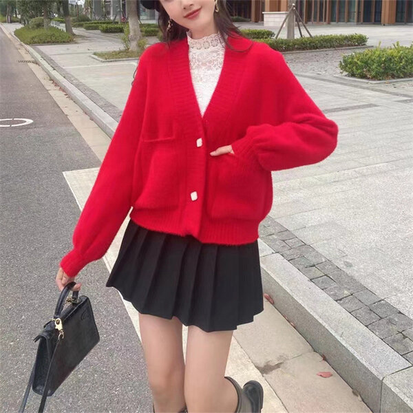 Áo len cổ chữ V màu trơn giả lông chồn mềm mại