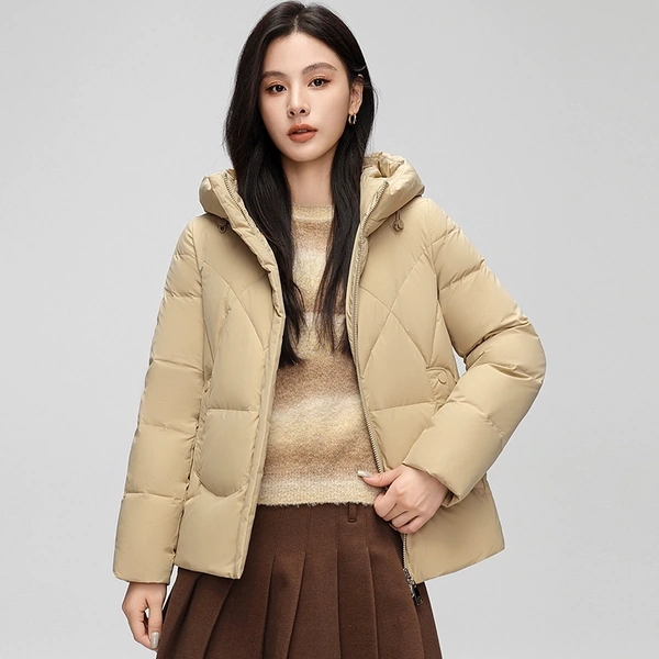 Áo khoác phao lông vịt trắng nữ dáng ngắn có mũ mùa đông
