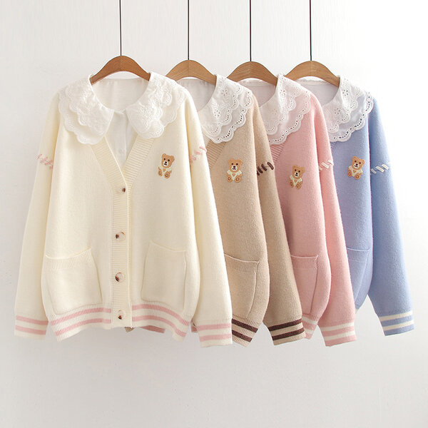 Áo khoác len cardigan họa tiết gấu hoạt hình dễ thương, áo sơ...