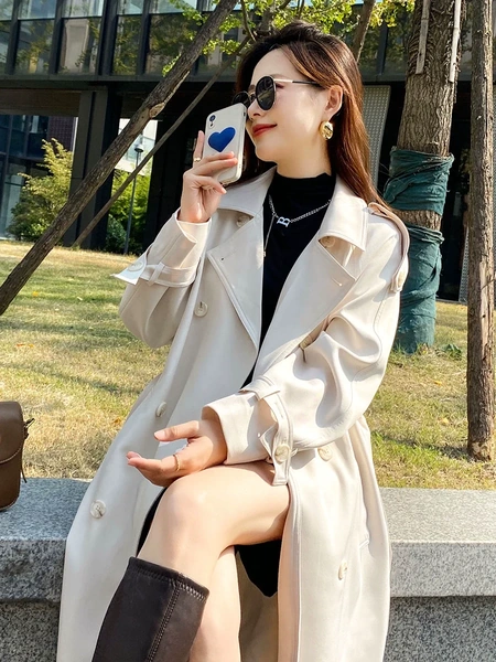 Áo khoác măng tô nữ dáng dài kèm đai áo