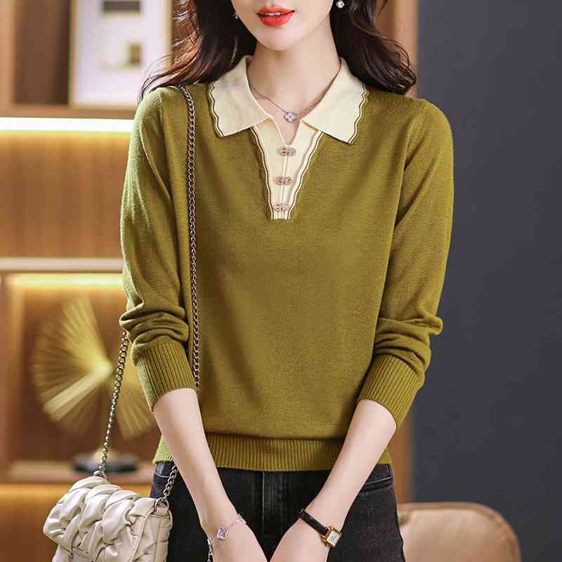 Áo khoác len nữ dệt kim cổ áo polo