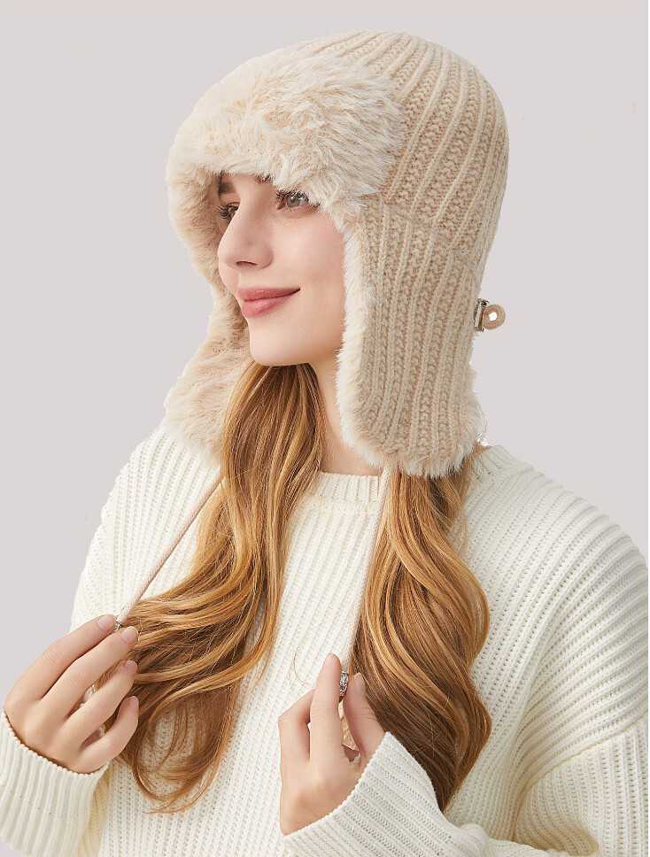 Mũ len nữ dệt kim cột dây bảo vệ tai dày và nhung