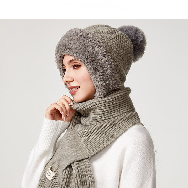 Mũ liền khăn dài nữ thu đông, len lót lông giữ ấm