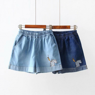 Quần short jean nữ thêu hình chú thỏ và carrot