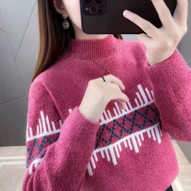 Áo len cổ lọ nữ họa tiết