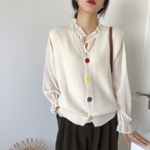 Áo khoác len gile nữ cổ chữ V phối nút đủ màu