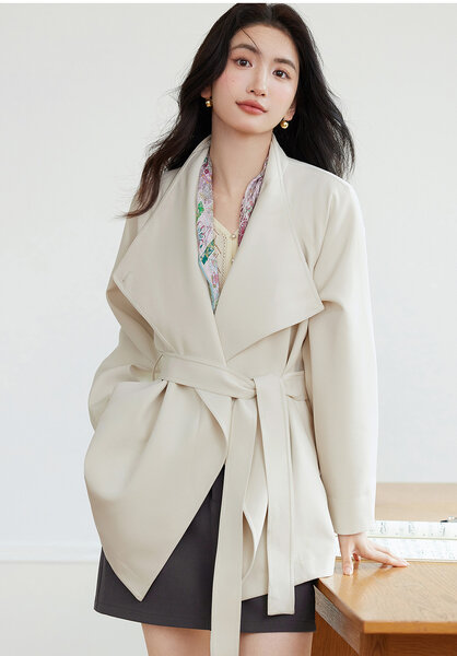 Áo khoác măng tô nữ cổ bẻ lớn kèm đai áo