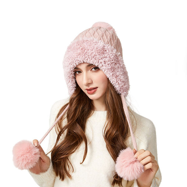 Mũ len nữ đính quả bông, có lót lông dày giữ ấm, phong cách...