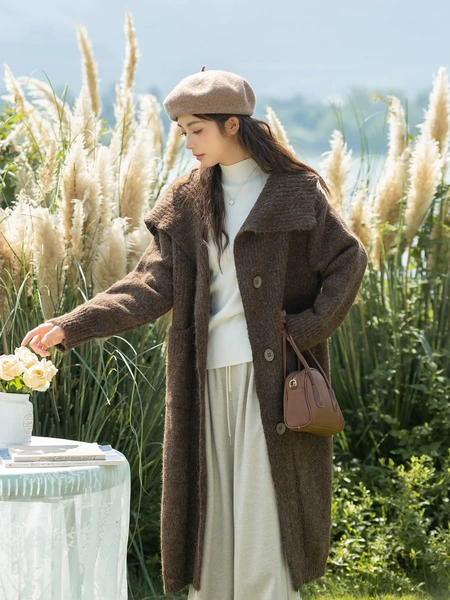 Áo khoác cardigan len dài màu nâu cổ lớn dành cho nữ