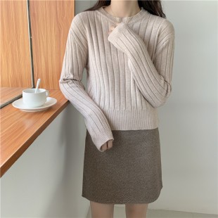 Áo len dệt kim sọc dọc phối cổ tròn nữ phong cách mùa thu nhẹ...