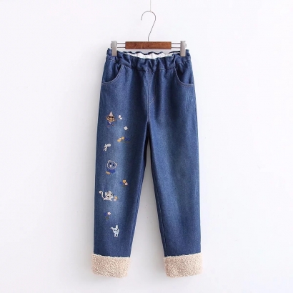 Quần jean thêu họa tiết lót nhung thu đông