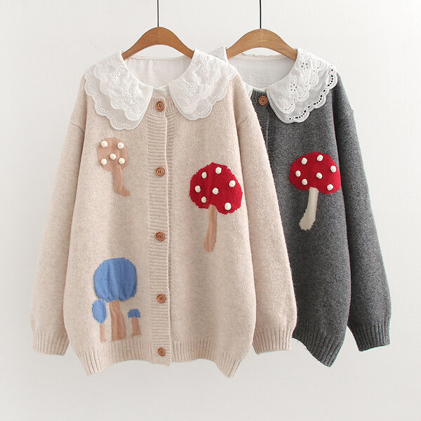 Áo khoác len cardigan họa tiết cây nấm dễ thương, áo sơ mi cổ...