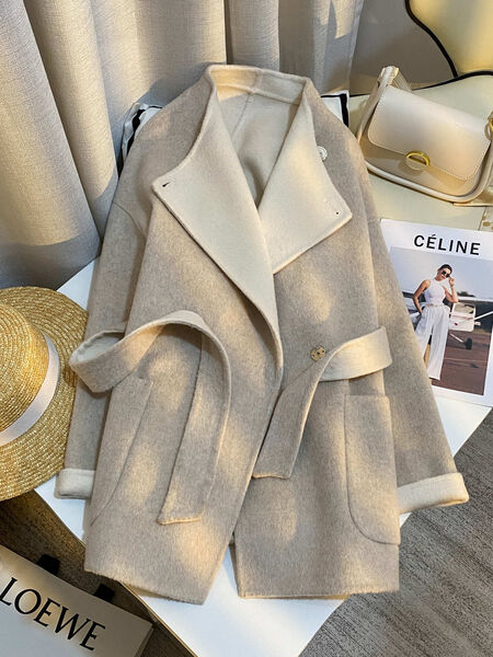 Áo khoác dạ lông cừu hai mặt dáng rộng buộc dây, phù hợp mùa...