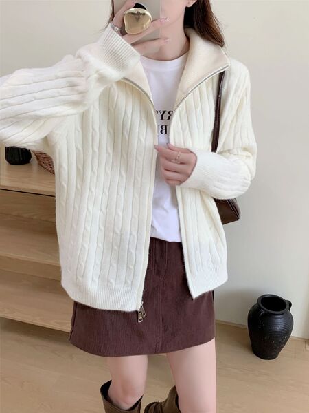 Áo khoác len cardigan nữ dáng lười, dệt kim vặn thừng khóa kéo...