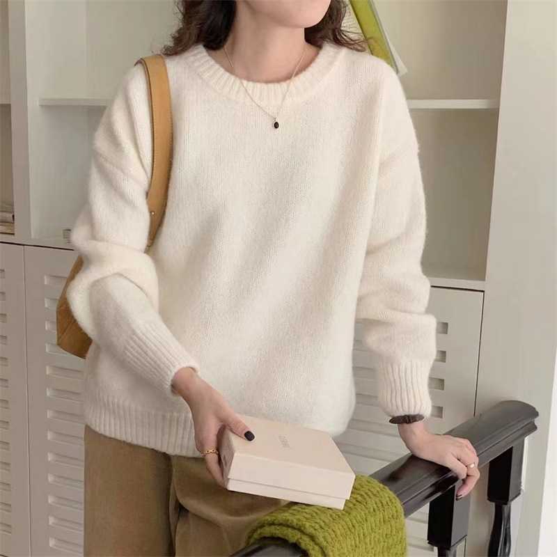 Áo len cổ tròn nữ dệt kim dáng rộng