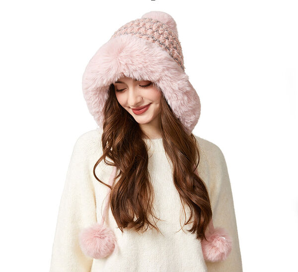 Mũ len nữ dày giữ ấm đính quả bông mùa thu đông