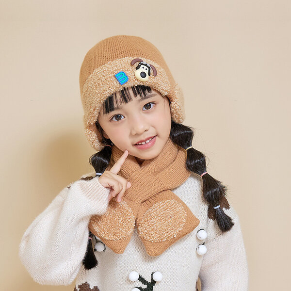 Bộ mũ liền khăn len cho bé trai bé gái, họa tiết chó con, giữ...