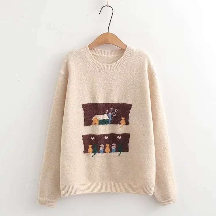 Áo len cổ tròn nữ họa tiết dễ thương