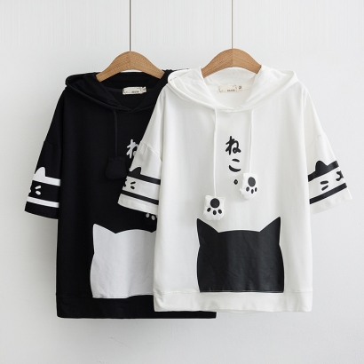 Áo hoodie hình mặt mèo dễ thương tay ngắn